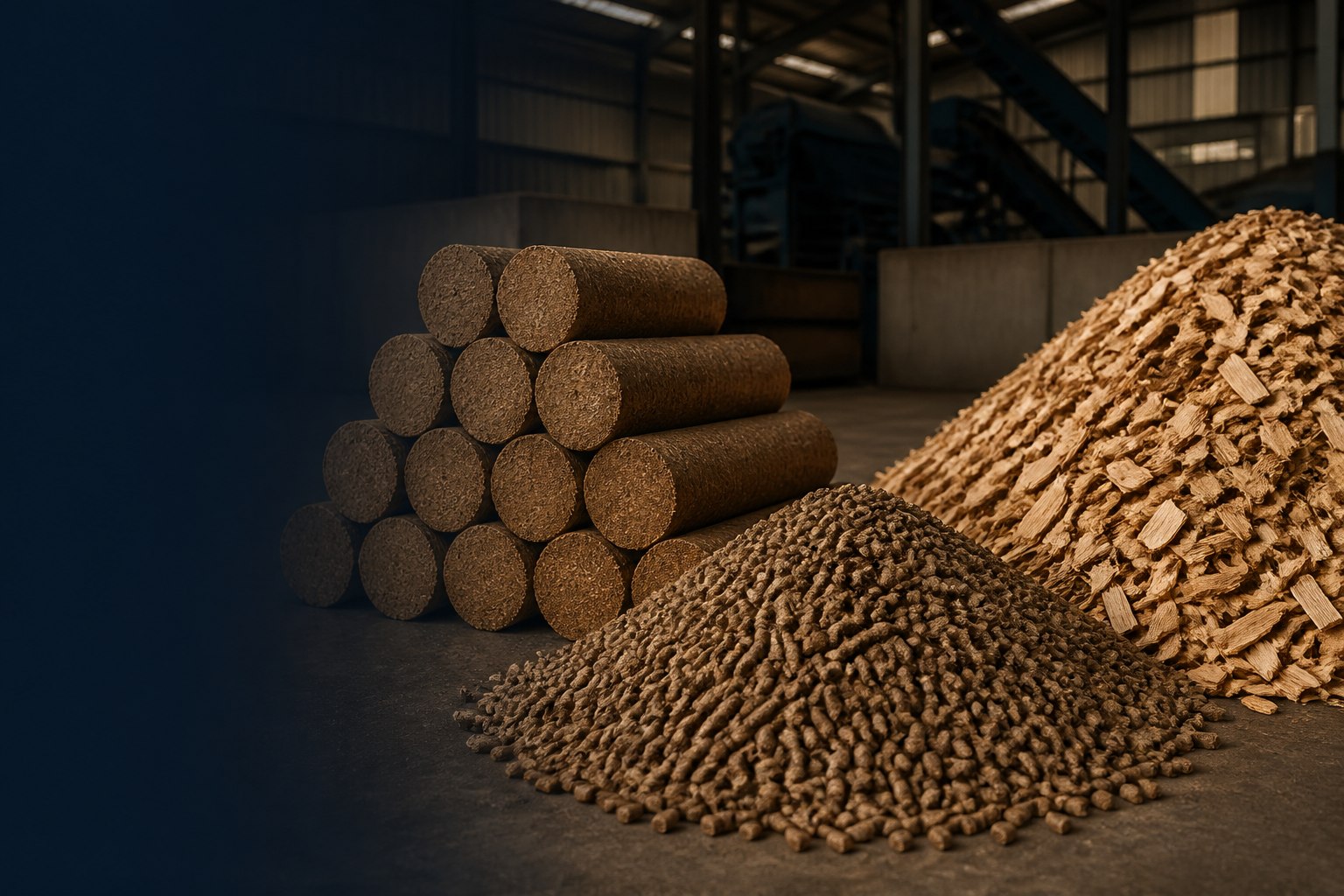 Solid biomass briquettes, pellets and wood chips at an industrial facility